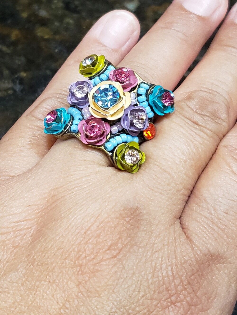 Colorful Floral Cluster Adjustable Statement Ring - Multicolor